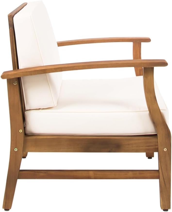 Weatherproof Acacia Wood Outdoor Arm Chair with Beige Cushions, Indoor & Patio Single Comfort Lounge Chair for Porch Garden Backyard (Cream + Acacia Wood)