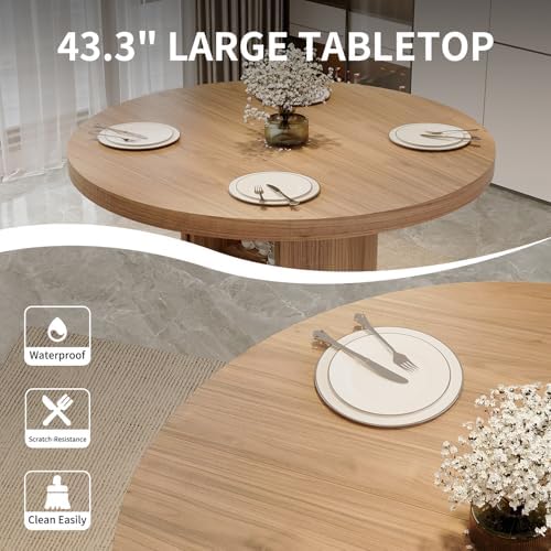 5-Piece Dining Set for Small Spaces 43.3" Round Table & 4 PU Leather Chairs, Modern Farmhouse with Storage Shelf, Apartment Kitchen Easy Assembly (Walnut Color Round Table + 4 U-Shaped Gray Chairs)