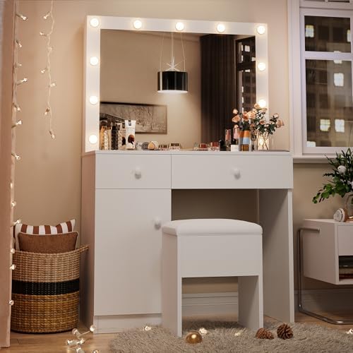 Haewon White Makeup Vanity Desk with Lighted Mirror and Storage Chiar Set | 11 LED Light Bulbs, 3 Lighting Modes, Built-In Charging Station, Storage Cabinet and Drawe for Bedroom