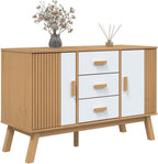 White and Brown Solid Pine Wood Sideboard with Multiple Drawers and Doors for Dining Room Living Room Hallway Storage Modern Scandinavian Design Furniture