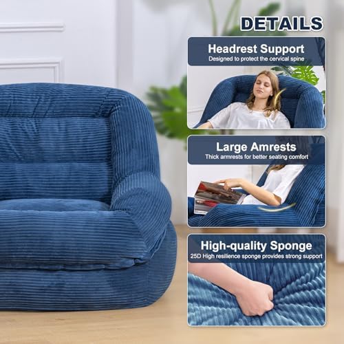 Giant Bean Bag Chair for Adults, Oversized Floor Lounge Chair with Armrests | Royal Blue, soft corduroy and resilient foam for living rooms, bedrooms, reading nooks, gaming rooms, movie nights, and pets