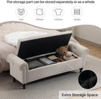 SOFTHION 58.1" Storage Bench for Bedroom, Linen Upholstered, Beige | End of Bedroom Bed Bench Ottoman with Tufted Cushioned Rolled Arm Large Storage Space for Reading/Living Room/Entryway