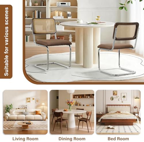 Rattan Dining Chairs Set of 2,Linen Cesca Chair Kitchen Chair,Coffee2 | VICBARLEY Mid Century Modern Dining Chairs,Wood Cane Backrest&Chrome Base,Upholstered Side Chair for Dining Room,Kitchen