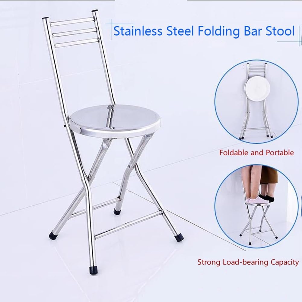 Folding Stool, Stainless Steel Bar Chair, Portable Collapsible Round Breakfast Bar Stool, Durable and Sturdy Portable Fold Up Stool for Outdoor Indoor Kitchen Dining Room
