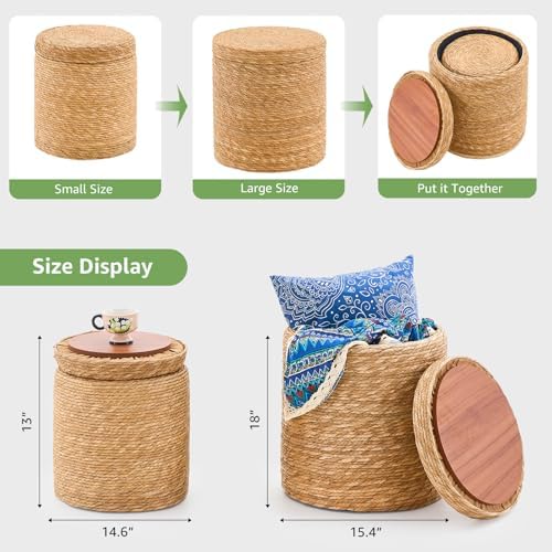 Round Storage Pouf Ottoman Hand Weaving Natural Boho Straw Footstool Pouffe | Breathable material, Hand‑woven from natural straw, Artisanal hand‑crafted texture, Bohemian home decor accent