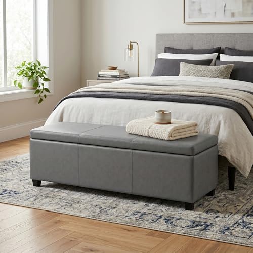 SIMPLIHOME Avalon 48" Wide Vegan Leather Storage Ottoman in Stone Grey | Contemporary lift-top ottoman with high-density foam; rectangle storage bench or coffee table for living room or entryway.