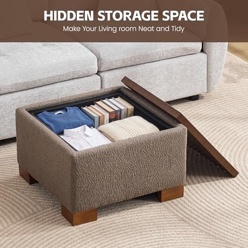 WUTUTUEE 24" Square Ottoman Coffee Table with Storage, Boucle Ottomans with Tray and Solid Wood Legs for Living Room, Bedroom and Apartments, Small Modern Ottoman Tea Table with Lift-Off Lid, Brown