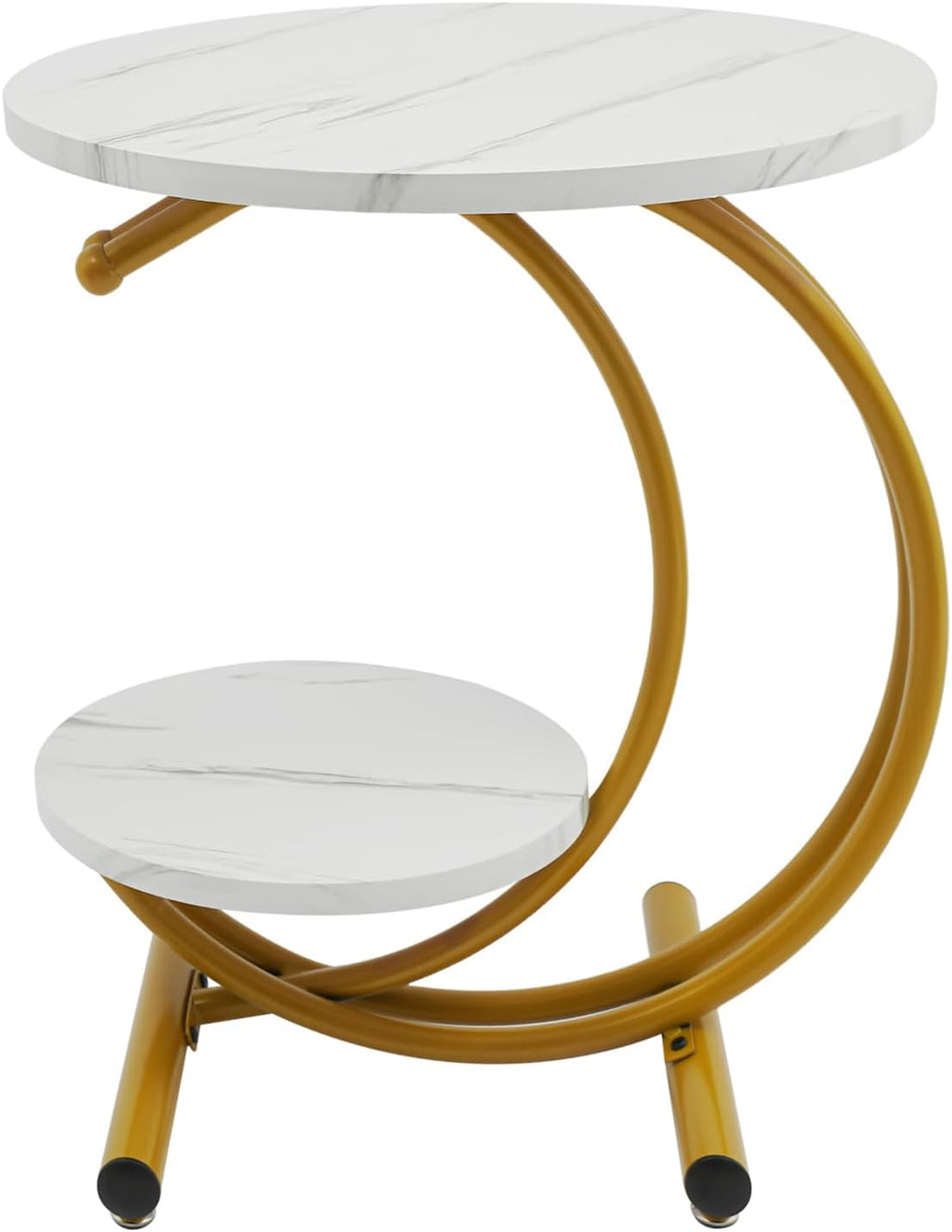 Round End Table, 2-Tier Side Table with Storage Shelves, Small Bedside Table with Arc-Shaped Frame, Wooden Vintage End Tables for Living Room Bedroom, 23.62in Height (Gold Frame + White Board)