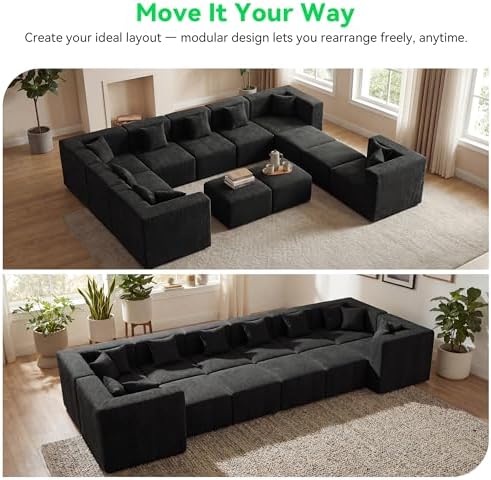 MONVANE Oversized Sectional Couch 12-Seat, Chenille, Black | Sectional Couch for Living Room, Modular Cloud Sofa with Ottoman & 12 Throw Pillows, No Assembly Required