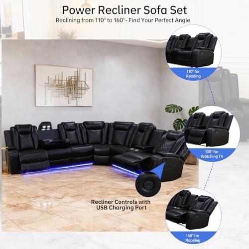 Power Recliner Sofa Set, Living Room Furniture Sets, Leather Sectional Sofa Set with LED Lights, Cup Holders, Storage Console for Living Room/Home Theater (Black)