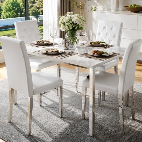 White Dining Chairs Set of 4,Faux Leather with Chrome Plate Metal Legs,Armless Kitchen Room Chairs Set of 4,Max Load 300 Lbs,High Back Modern Design for Home Kitchen Living Room Bedroom