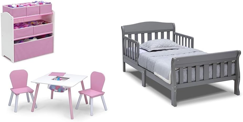 Delta Children 4-Piece Toddler Playroom Set, Pink/White, Table and 2 Chairs and 6-Bin Toy Organizer & Canton Toddler Bed, Greenguard Gold Certified, Grey
