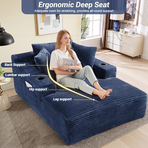 50" x 68" Corduroy Chaise Lounge, Cup Holders, Blue | Oversized corduroy chaise with a deep sleeper seat, built-in cup holders, and 3 pillows for reading, lounging, or naps.