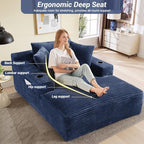 50" x 68" Corduroy Chaise Lounge, Cup Holders, Blue | Oversized corduroy chaise with a deep sleeper seat, built-in cup holders, and 3 pillows for reading, lounging, or naps.