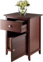 Wood Eugene Accent Table Walnut Finish Compact Side Table with Drawer and Cabinet Solid and Composite Wood Ideal for Bedroom Living Room or Entryway Storage