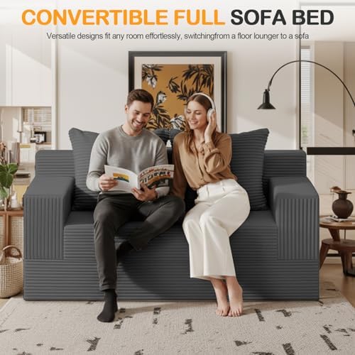 Erament Convertible Sofa Bed, Loveseat Folding Floor Futon Sleeper Sofa Couch Bed Foldable Couch, Corduroy Pull Out Sofa Bed with 2 Pillows for Living Room & Bedroom