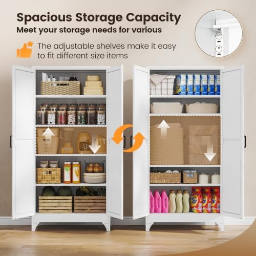 Yizosh Metal Storage Cabinet with Doors and 4 Adjustable Shelves - 75" White Kitchen Pantry Storage,4-Tier Tall Steel Cabinet Locker for Kitchen,Living Room,Dining Room