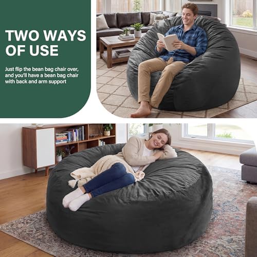 fond + found Adults Bean Bag Chair 5FT Big BeanBag Chair Giant Oversized | Memory Foam,Washable Cover,Velvet Fabric,Side Pocket,Handle,Big Adults Bean Bag Reading Gaming Bedroom Living Room | Grey 5FT