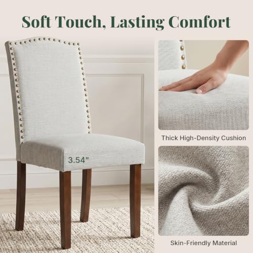Upholstered Dining Chair Set of 4, Farmhouse Fabric Kitchen Chair | Modern, Padded Seat, Solid Wood Legs, High Back, Nailhead Trim, Living Room, Restaurant, Hotel, Grey