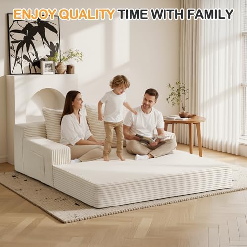 Erament Convertible Sofa Bed, Loveseat Folding Floor Futon Sleeper Sofa Couch Bed Foldable Couch, Corduroy Pull Out Sofa Bed with 2 Pillows for Living Room & Bedroom