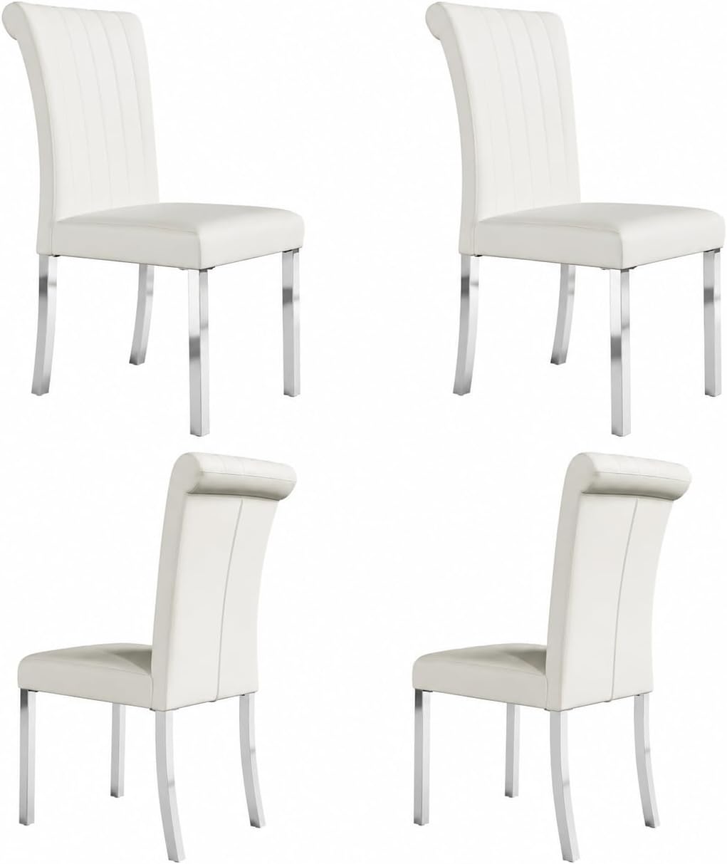 Asday White Leather Dining Chairs Set of 4, White and Silver Dining Room Chairs with Mirrored Chrome Stainless Steel Legs and Rolled Back Design