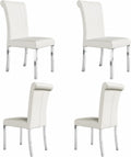 Asday White Leather Dining Chairs Set of 4, White and Silver Dining Room Chairs with Mirrored Chrome Stainless Steel Legs and Rolled Back Design