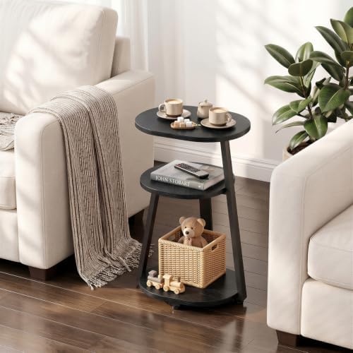 Kalrin Side Table, Small End Table with Metal Frame, 3-Tier Bedside Tables, Round Side Tables for Living Room Bedroom Couch Bathroom, Oval, Pure Black