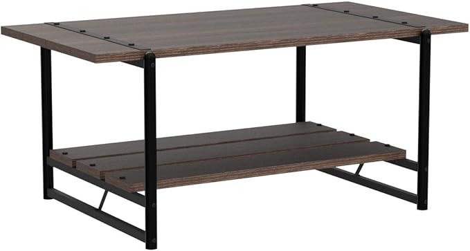 2-Tier Farmhouse 41'' Large Gray Wood Coffee Table with Storage Shelf -Modern Rustic Metal Rectangle Center Living Room Coffee Table Accent Furniture for Home Office,Easy Assembly(Walnut Brown)