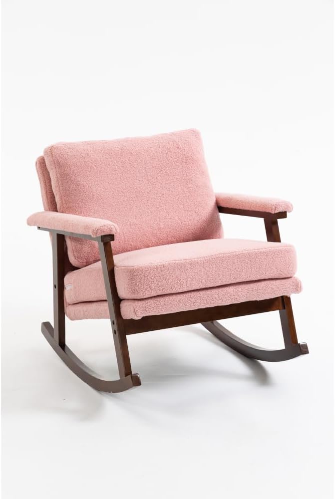 Mid Century Modern Accent Chair,Rocking Chair with Wood Frame, Upholstered Living Room Chairs, Reading Armchair for Bedroom Sunroom (Light Pink + Velvet + Cotton)