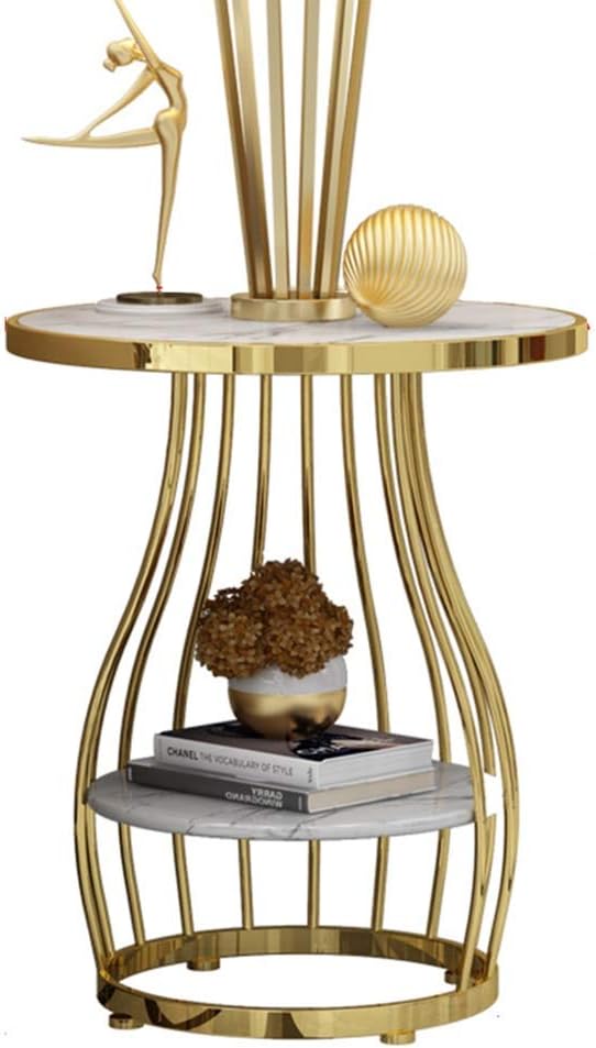 Telephone Table, Nordic Modern 2-Tier Side Table Living Room Marble Round Telephone Table Golden Wrought Iron Coffee Table,50x63CM (Color:White)