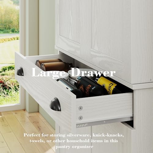 IRONCK 72" Kitchen Pantry Cabinet with Drawer and Sliding Racks, White | White wood pantry cabinet. 6 door shelves. 3 sliding racks. For kitchen, dining room, or hallway.