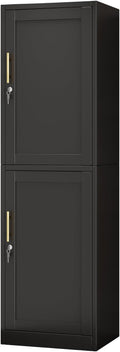 Metal Locker Cabinet with Doors and Shleves, 67" H Tall Narrow Storage Cabinet with Lock, Pantry Storage Cabinet for Living Room, Pantry, Bathroom (2Doors-Lock, Black)
