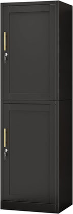 Metal Locker Cabinet with Doors and Shleves, 67" H Tall Narrow Storage Cabinet with Lock, Pantry Storage Cabinet for Living Room, Pantry, Bathroom (2Doors-Lock, Black)