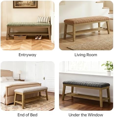 VKNOW Entryway Bench, Storage Shoe Bench with Rubberwood Legs, Green | Shoe Rack Bench with Cushion, Soft Chenille Fabric, Stripe Design, Bench With Shoe Storage for Hallway, Bedroom