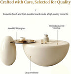 Round Nesting Coffee Table Set, FRP Gloss Lacquer Living Room Center Table | Cream Style Accent Table with Smoked Tempered Glass Tray, Fully Rounded Edge Low Profile Table for Modern Minimalist Home