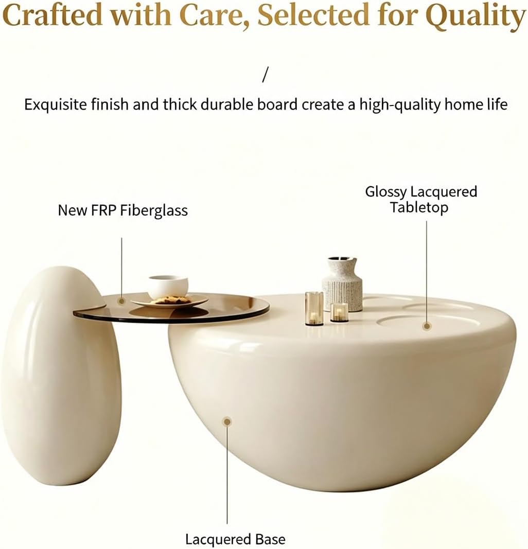 Round Nesting Coffee Table Set, FRP Gloss Lacquer Living Room Center Table | Cream Style Accent Table with Smoked Tempered Glass Tray, Fully Rounded Edge Low Profile Table for Modern Minimalist Home