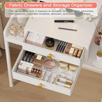 HIGDBFE Vanity Desk with Mirror and Lights 28.4''W Small Makeup Vanity | Vanity Table with Height-Adjustable Stand, 2 Fabric Drawers Compact Makeup Desk, Gift for Girls, Bedroom Small Space, White