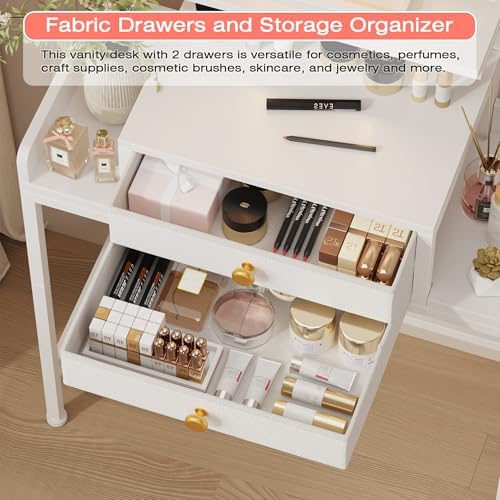 HIGDBFE Vanity Desk with Mirror and Lights 28.4''W Small Makeup Vanity | Vanity Table with Height-Adjustable Stand, 2 Fabric Drawers Compact Makeup Desk, Gift for Girls, Bedroom Small Space, White