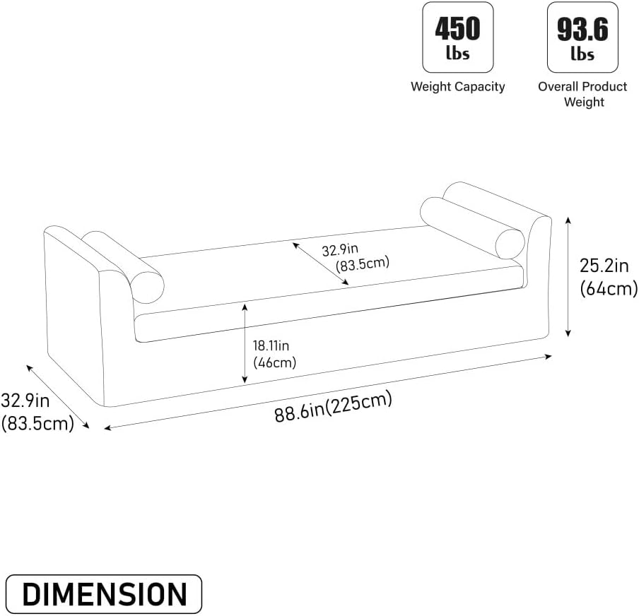 88.58" Chenille End of Bed Bench Chaise Lounge, Upholstered Bedroom Bench with Armrests & Bolster Pillows, PVC Legs for Living Room Entryway Apartment Dorm (88.58", Beige)