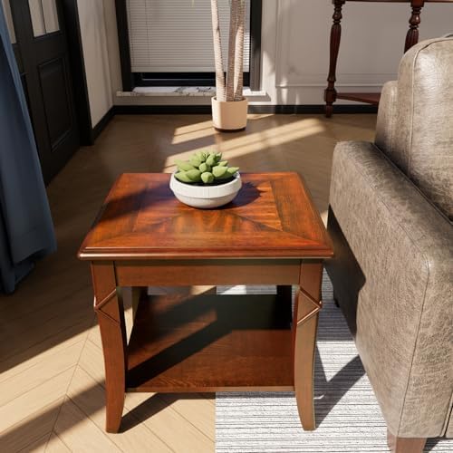 Mid-Century Modern Coffee Table Set of 3, 3-Piece Solid Wood Living Room Table Set, Coffee Table with 2 Square End Side Tables, Cherry Walnut Home Furniture for Apartment KFZ-DR200-3