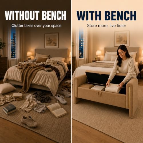 52" Upholstered Storage Bench, Brown, Armrests, Wood Frame | Mid-century storage ottoman bench, soft fabric, high-density foam. Perfect for end of bed, entryway, living room, bedroom.