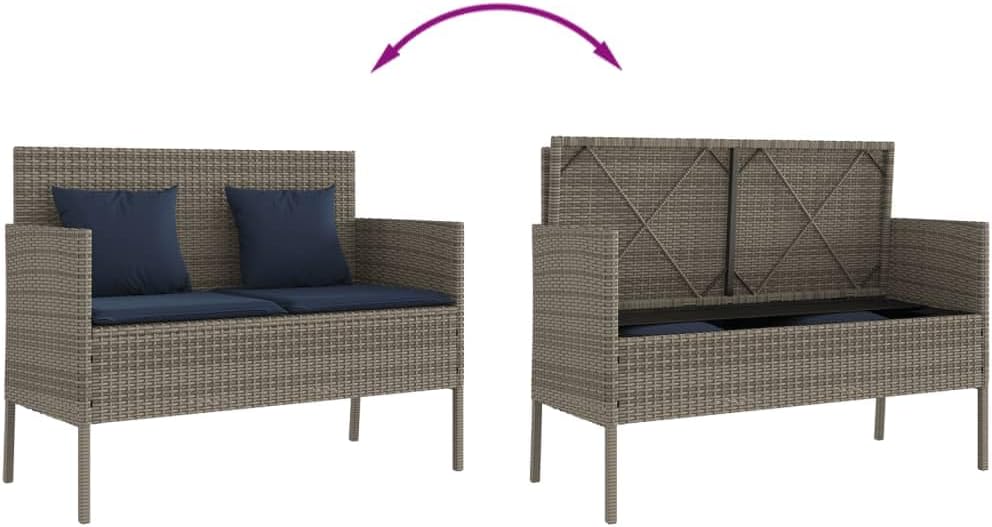 Gray Patio Bench with Storage, PE Rattan Outdoor Storage Bench with Cushions and Waterproof Bag, Garden Seat for Cushions and Towels