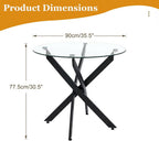 36" Round Glass Dining Table, Modern Kitchen Table with Clear Tempered Glass and Black Cross Metal Legs for Apartment, Small Spaces, Living Room