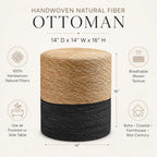 Wimarsbon Natural Seagrass Foot Stool, Hand Weaving Round Ottoman, for Living Room, Outdoor Seat (Natural & Black)