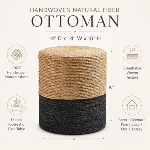 Wimarsbon Natural Seagrass Foot Stool, Hand Weaving Round Ottoman, for Living Room, Outdoor Seat (Natural & Black)