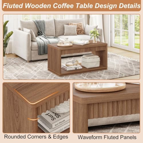 FATORRI Coffee Table and TV Stand Bundle for Living Room, Walnut TV Console Entertainment Center with Storage Shelf, Fluted Rectangular Center Table Set, 2-Piece Furniture Set