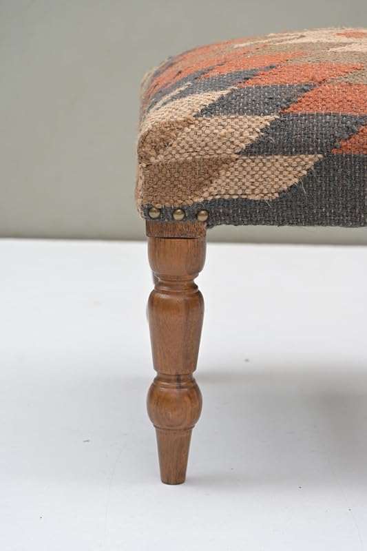 Handmade Jute Upholstered Ottoman Stool | Square Foot Rest with Wooden Legs | Decorative Accent Seating for Bedroom, Living Room, Entryway, Vanity & Hallway (Grey-Red)