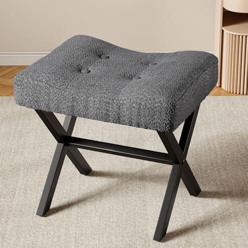 Memobarco 18-Inch Large Vanity Stool Chair, Gray Makeup Stool | Teddy Flannel Vanity Bench, Metal X-Leg, 350 LBS, 20"x16.9"x18", Ottoman Accent Stool, Breathable Soft Padded Saddle Seat