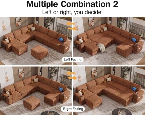 Vipbear 130" Modular Sectional Sleeper Sofa with Pull Out Bed, 9 Seat Chenille U Shaped Couch with Ottoman and Chaise|USB Ports|Cup Holders|Side Table, Tool Free Assembly, Orange