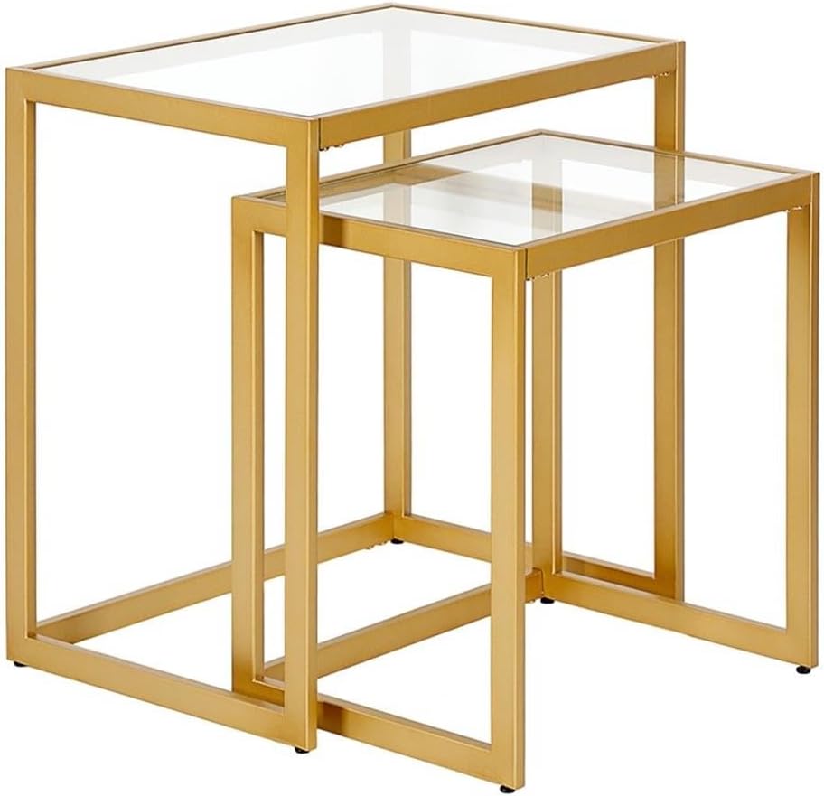 MAKLAINE Contemporary Metal/Tempered Glass Side Table, 22 in, Brass Finish, Handcrafted Steel Frame, Rectangle Shape, Set of 2, Living Room Accent Table